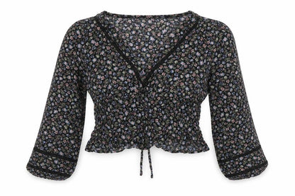 Front view of Aeropostale women’s black floral cotton cropped blouse, size S, v-neck