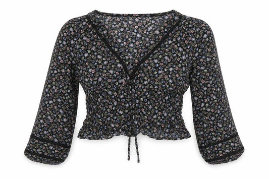 Front view of Aeropostale women’s black floral cotton cropped blouse, size S, v-neck