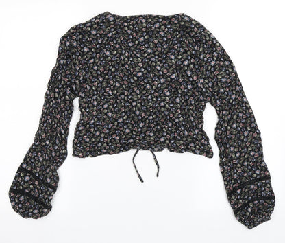 Aeropostale Womens Black Floral Cotton Cropped Blouse Size S V-Neck