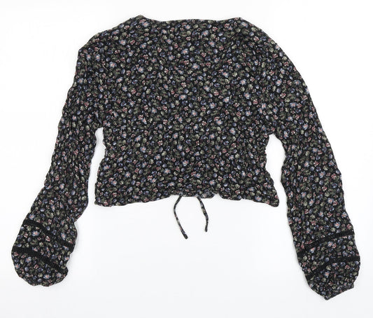 Aeropostale Womens Black Floral Cotton Cropped Blouse Size S V-Neck
