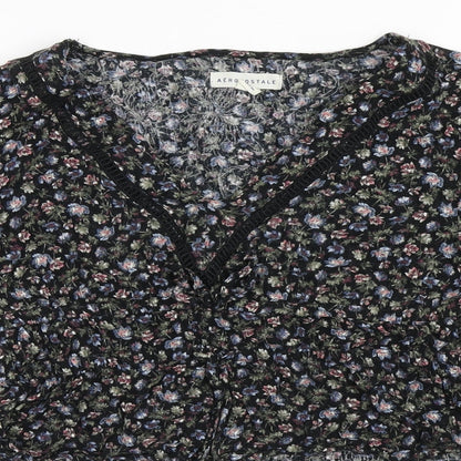 Aeropostale Womens Black Floral Cotton Cropped Blouse Size S V-Neck