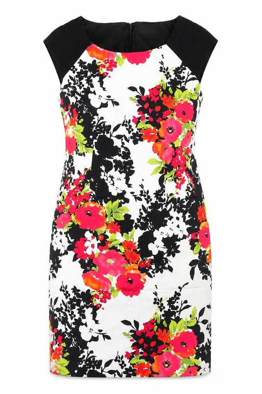 Front view of Precis women’s black floral cotton shift, size UK 12, round neck zip