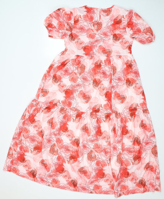 SheIn Womens Red Floral Cotton A-Line  Size S  Round Neck Button