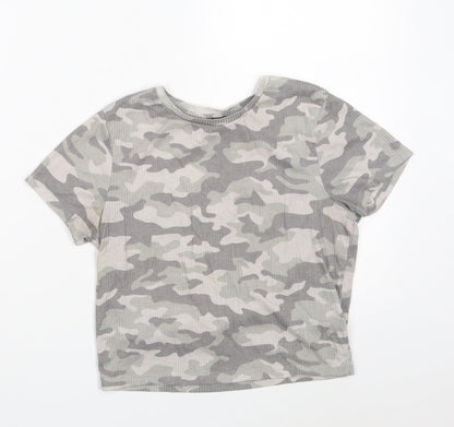 Primark Womens Grey Camouflage Polyester Cropped T-Shirt Size 10 Round Neck