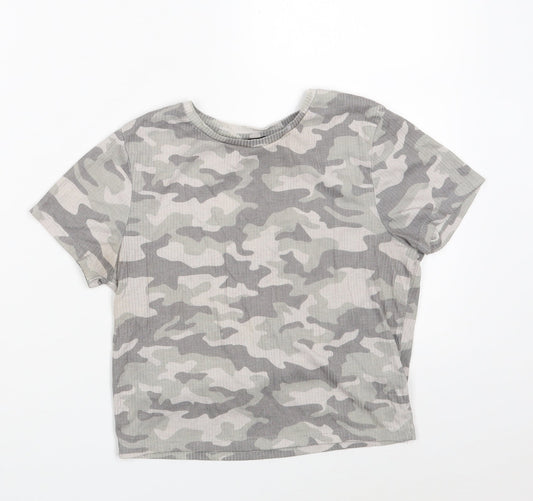 Primark Womens Grey Camouflage Polyester Cropped T-Shirt Size 10 Round Neck
