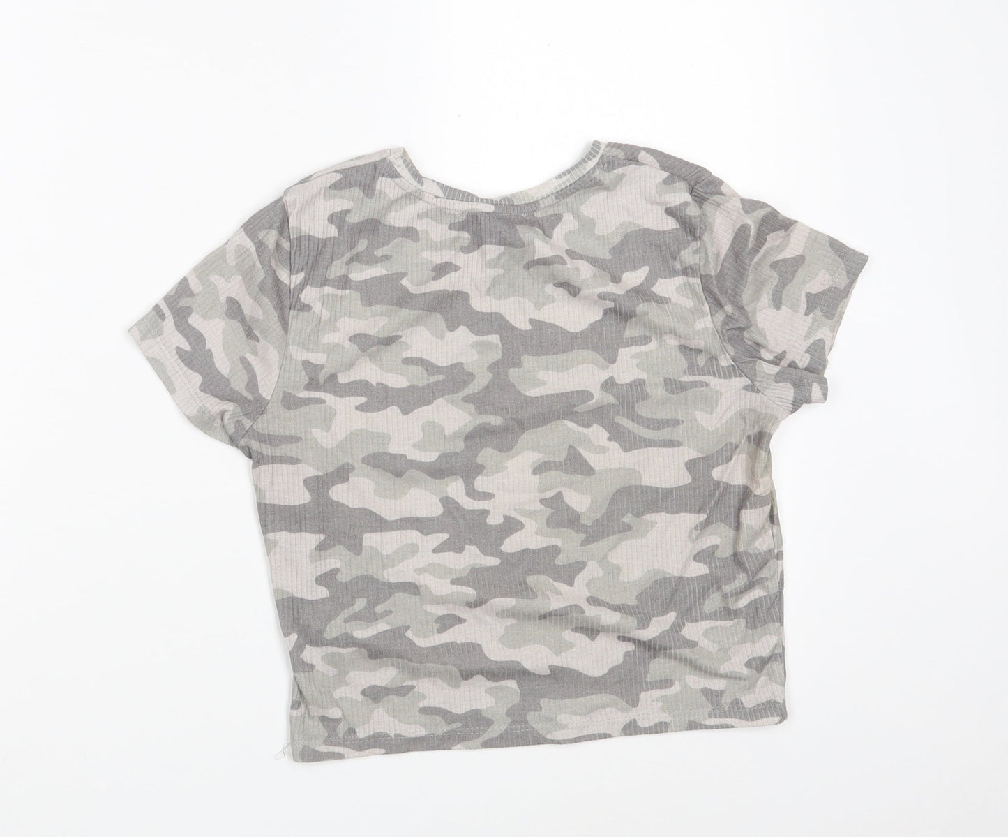 Primark Womens Grey Camouflage Polyester Cropped T-Shirt Size 10 Round Neck