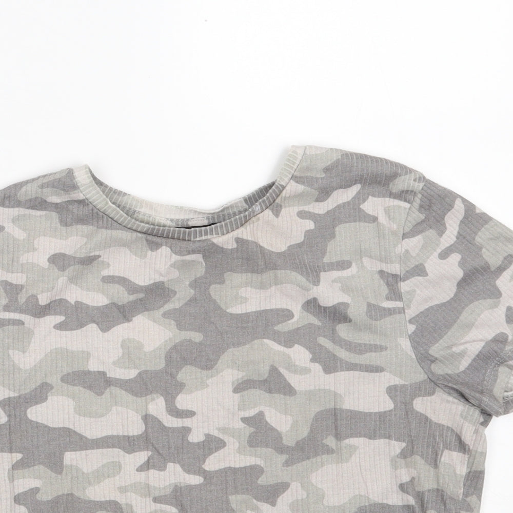 Primark Womens Grey Camouflage Polyester Cropped T-Shirt Size 10 Round Neck