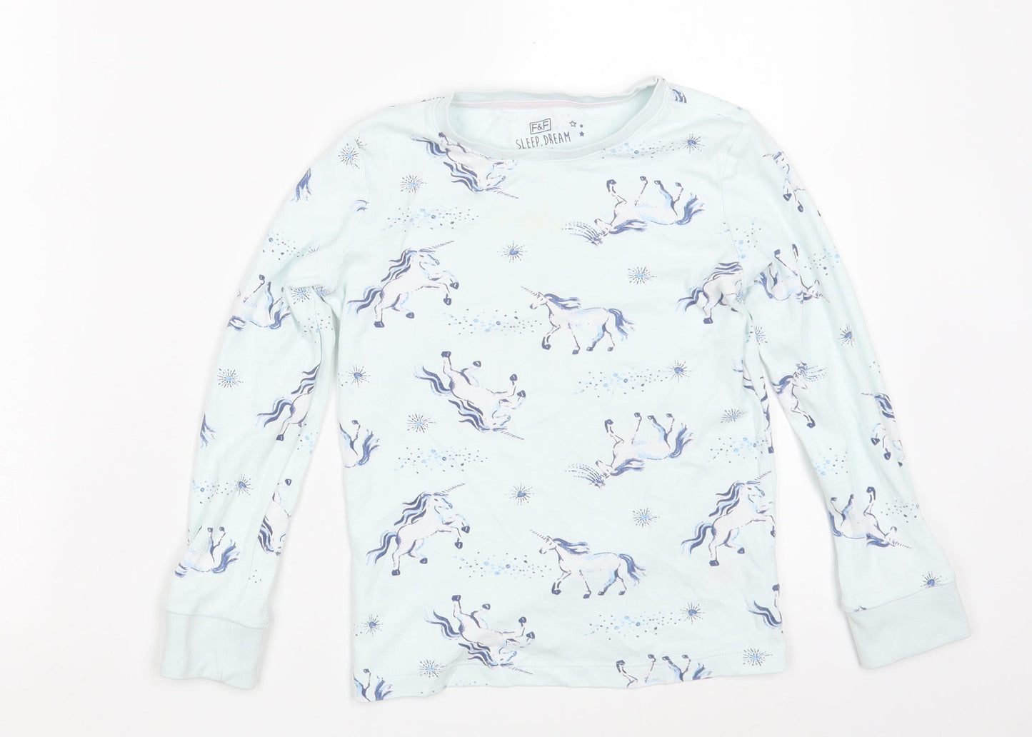 F&F Girls Blue Solid Cotton Top Pyjama Top Size 6-7 Years   - Unicorn