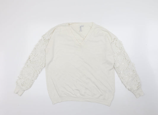 Capsule Womens White V-Neck  Viscose Pullover Jumper Size 16   - Lace