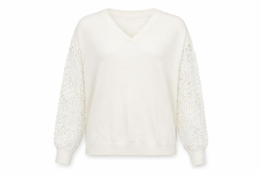 Front view of Capsule women’s white v-neck viscose jumper, size UK 16, - lace