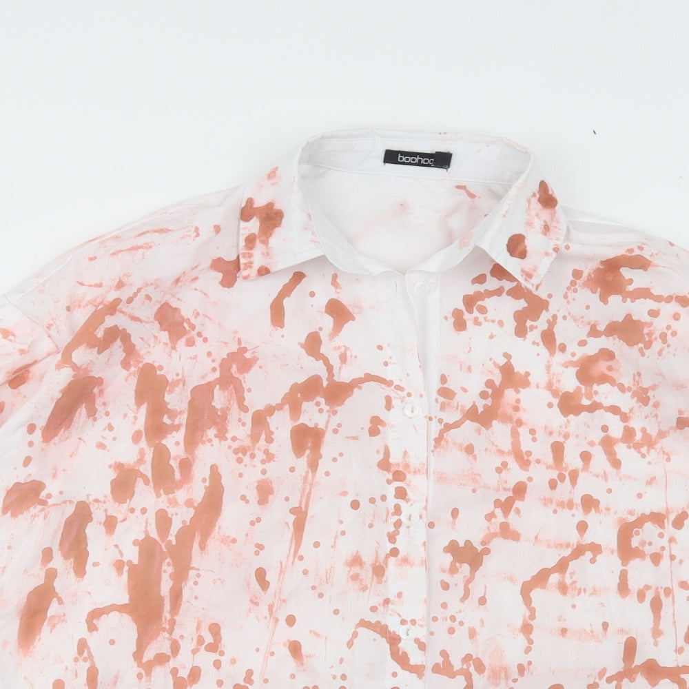 Boohoo Womens White Geometric Polyester Tunic Button-Up Size 6 Collared