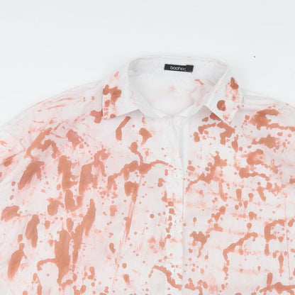 Boohoo Womens White Geometric Polyester Tunic Button-Up Size 6 Collared