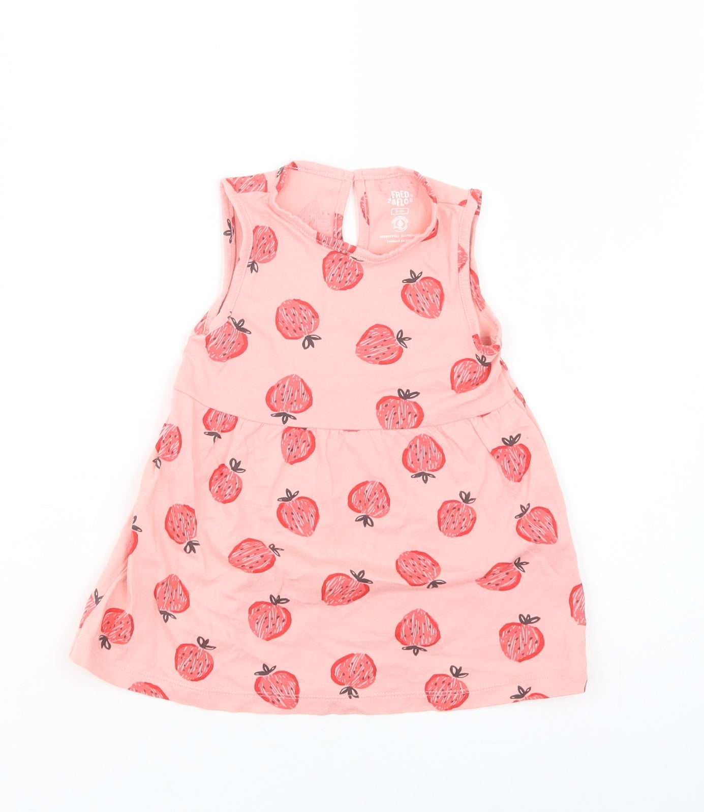 F&F Baby Pink Geometric Cotton A-Line  Size 6-9 Months  Crew Neck Button - Strawberry Print