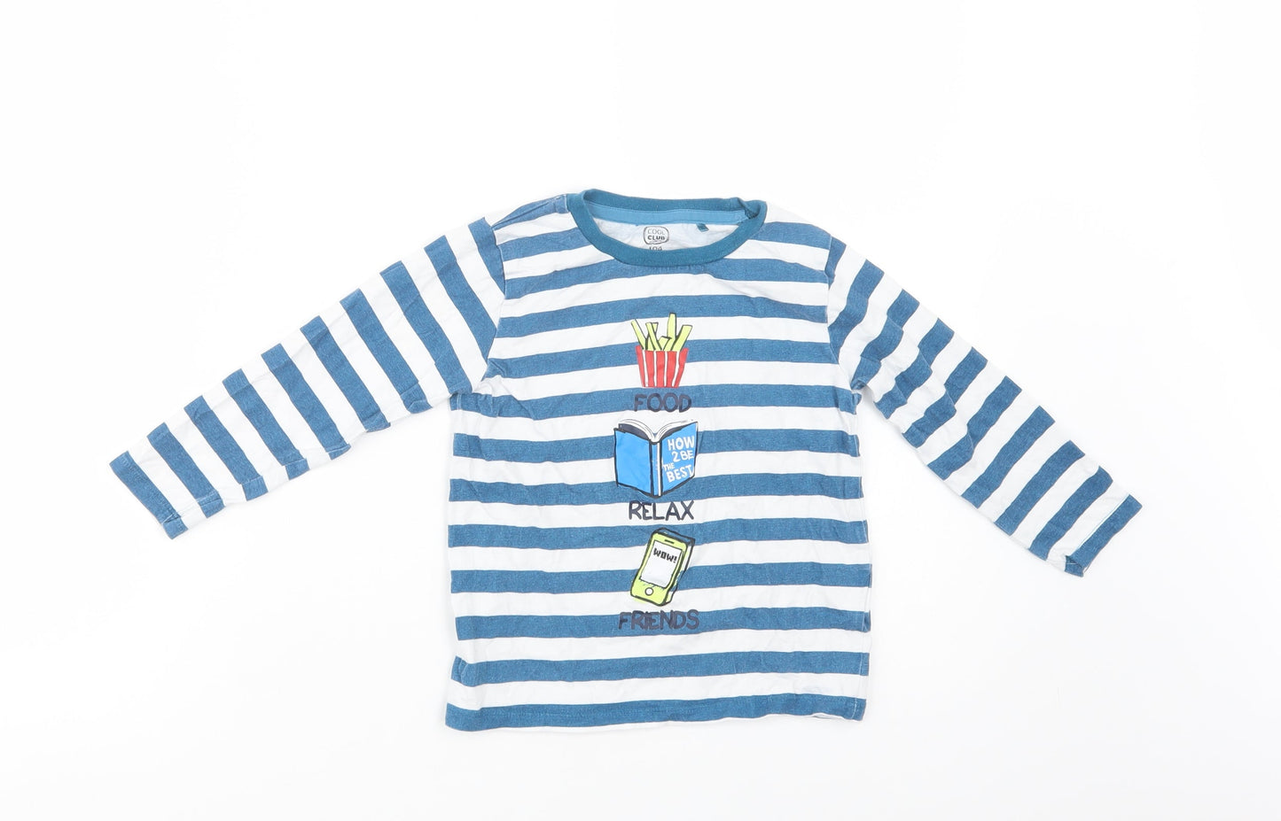 Cool Club Boys Blue Striped Cotton Basic T-Shirt Size 4 Years Crew Neck Pullover - Food, Relax