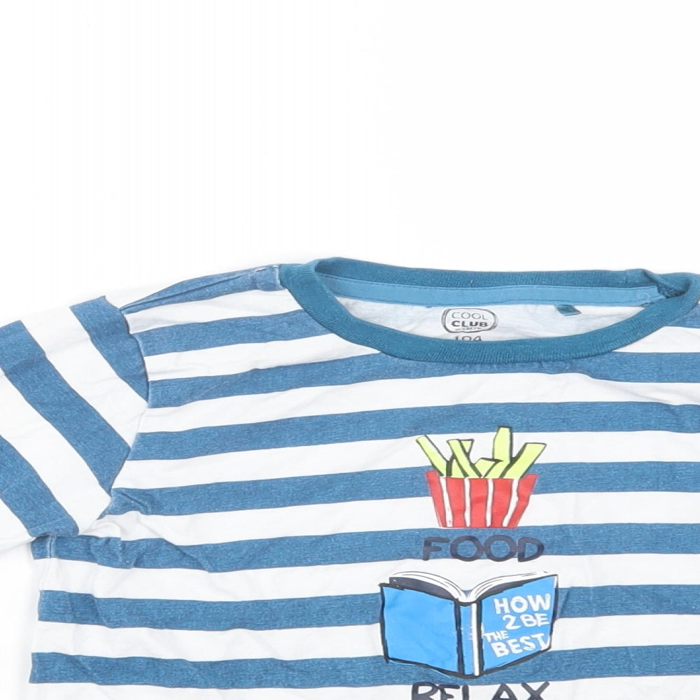 Cool Club Boys Blue Striped Cotton Basic T-Shirt Size 4 Years Crew Neck Pullover - Food, Relax