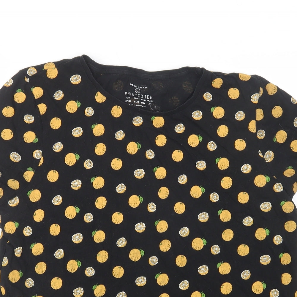 Primark Womens Black Geometric Cotton Basic T-Shirt Size L Crew Neck - Fruit Print
