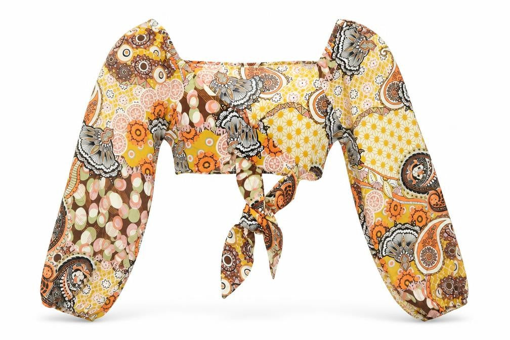 Front view of SHEIN women’s multicoloured paisley polyester cropped blouse, size XS, v-neck