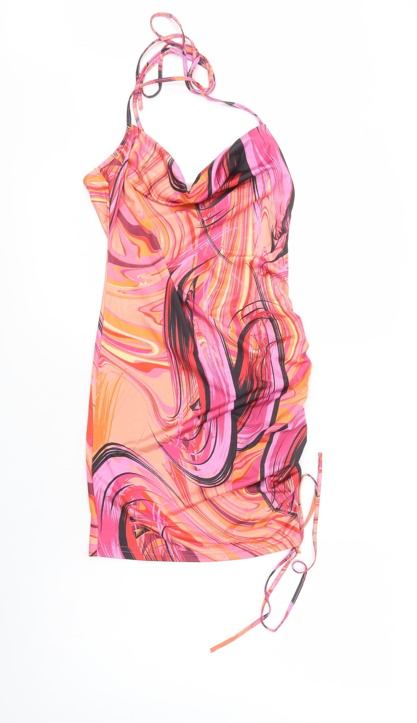 SheIn Womens Pink Geometric Polyester Mini  Size S  Cowl Neck Tie
