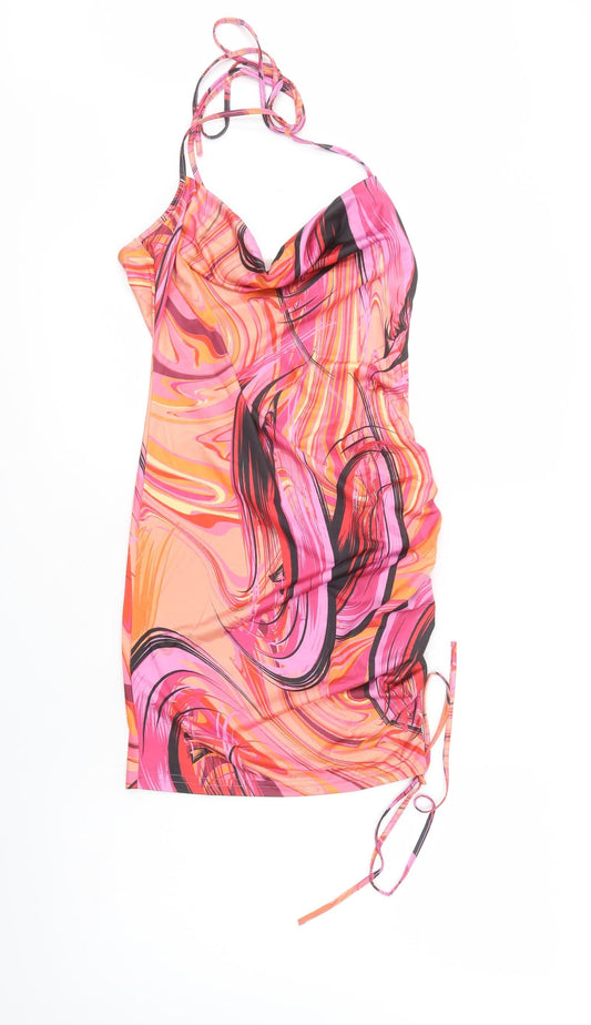 SheIn Womens Pink Geometric Polyester Mini  Size S  Cowl Neck Tie