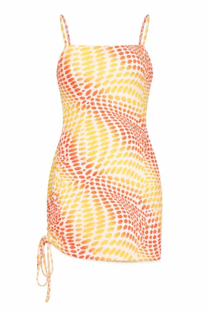 Front view of SHEIN women’s orange geometric polyester bodycon, size XS, square neck tie