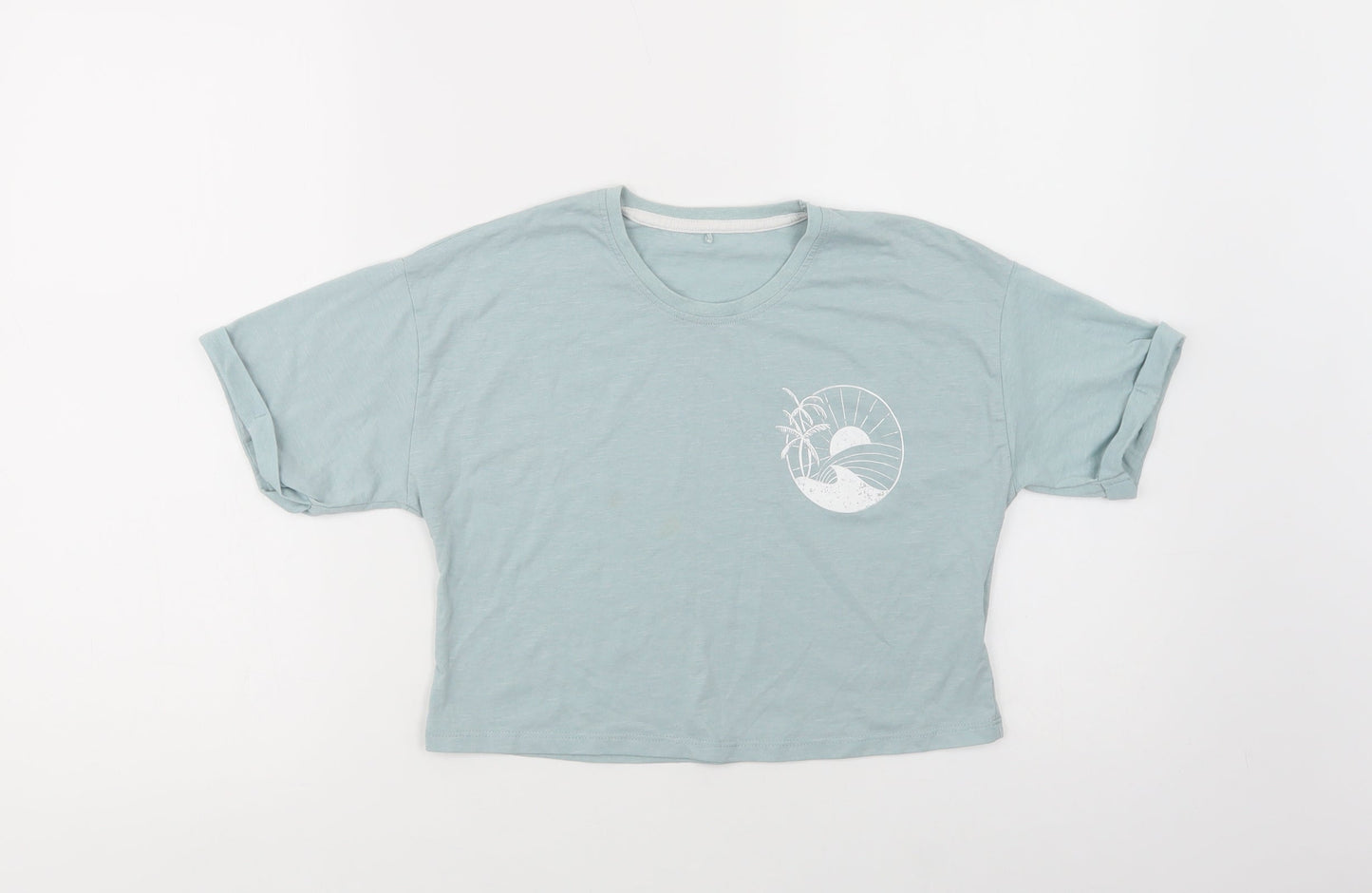 George Girls Green  Cotton Cropped T-Shirt Size 10-11 Years Crew Neck Pullover - Palm Tree & Sun
