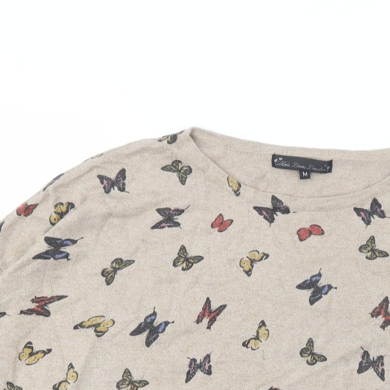 Mela Loves London Womens Beige Crew Neck Geometric Polyamide Pullover Jumper Size M   - Butterfly Print