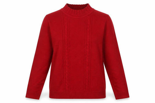 Front view of Isle women’s red mock neck acrylic jumper, size S