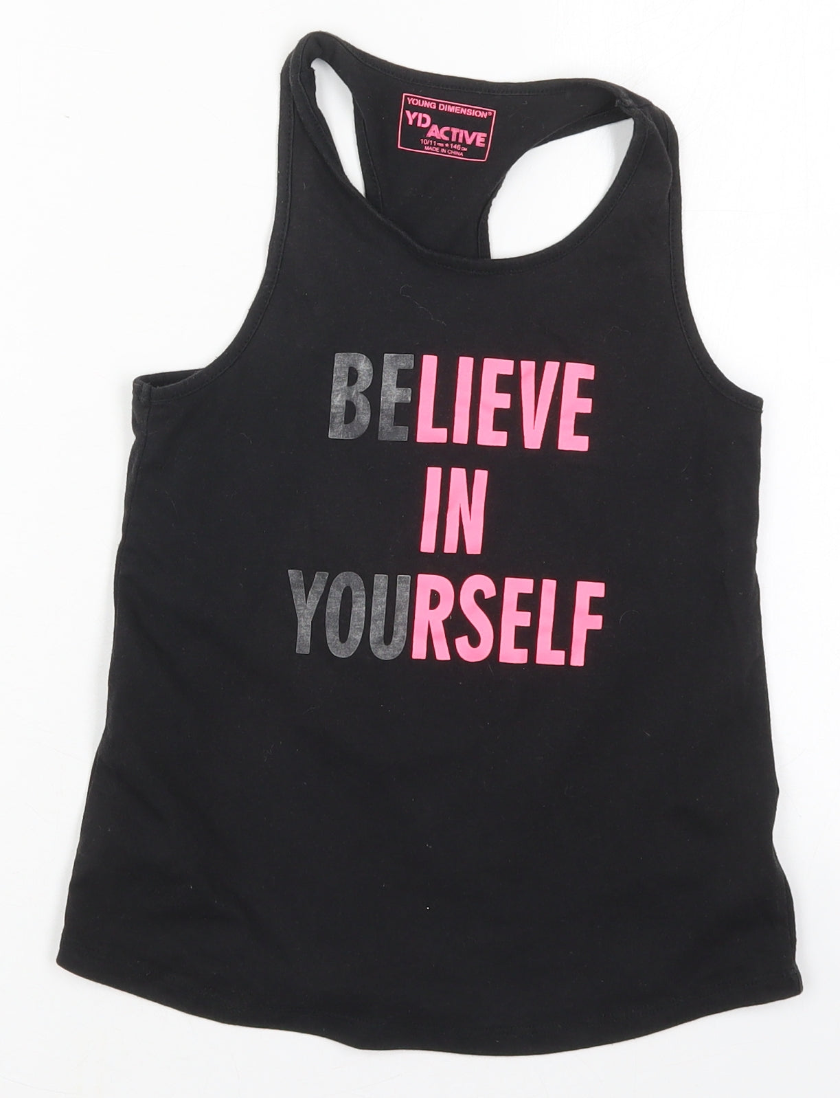 Young Dimension Girls Black  Cotton Basic Tank Size 10-11 Years Round Neck Pullover - Believe in Yourself