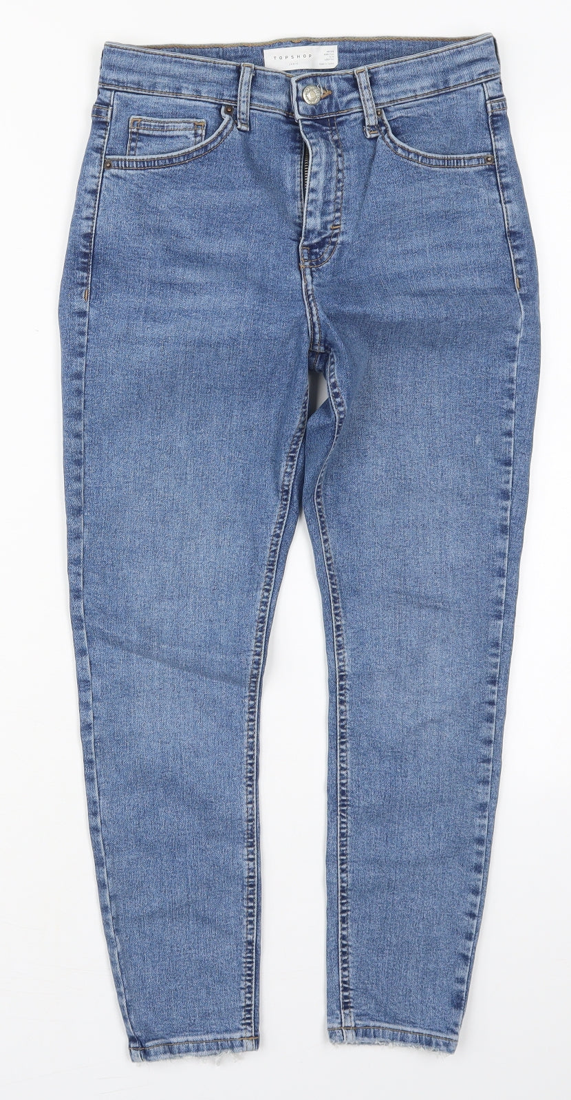 Topshop Womens Blue  Cotton Skinny Jeans Size 28 in L25 in Regular Button - Distressed Hem