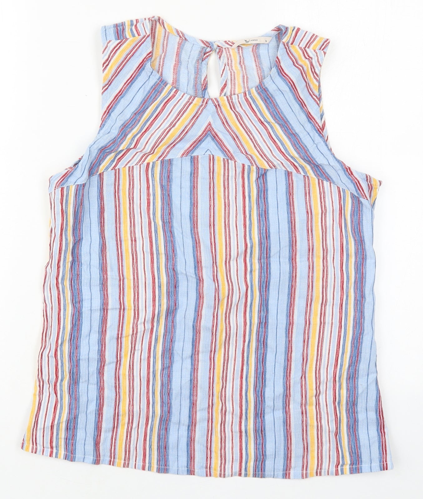 TU Womens Blue Striped Cotton Basic Tank Size 10 Round Neck