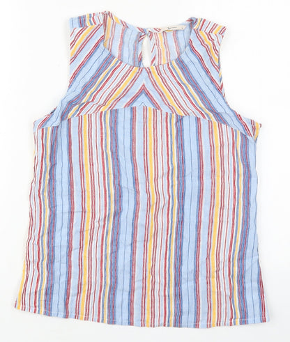 TU Womens Blue Striped Cotton Basic Tank Size 10 Round Neck