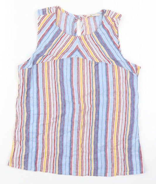 TU Womens Blue Striped Cotton Basic Tank Size 10 Round Neck