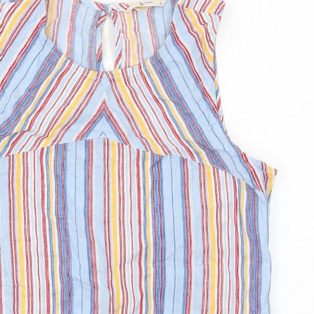 TU Womens Blue Striped Cotton Basic Tank Size 10 Round Neck