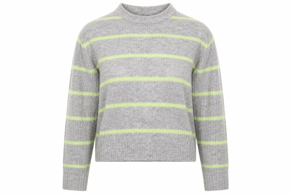 Front view of H&M women’s grey round neck striped acrylic jumper, size XS, - green