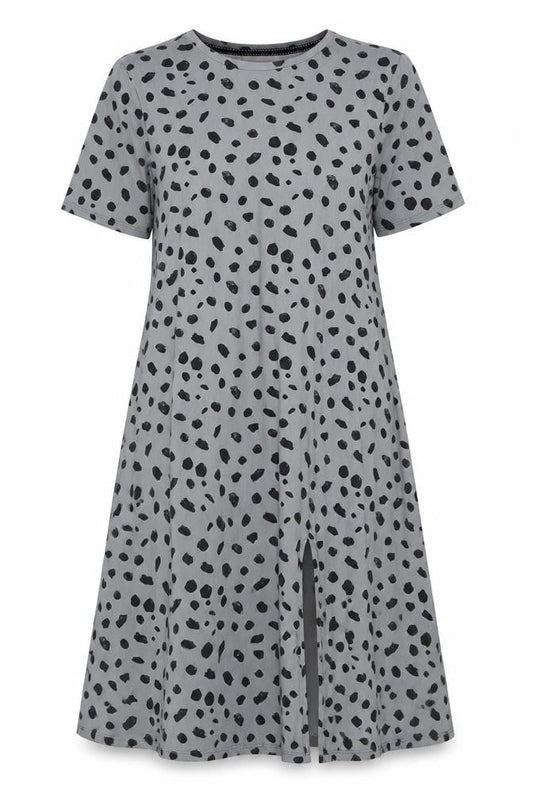 Front view of Urban Threads women’s grey animal print polyester a-line, size UK 10, crew neck pullover