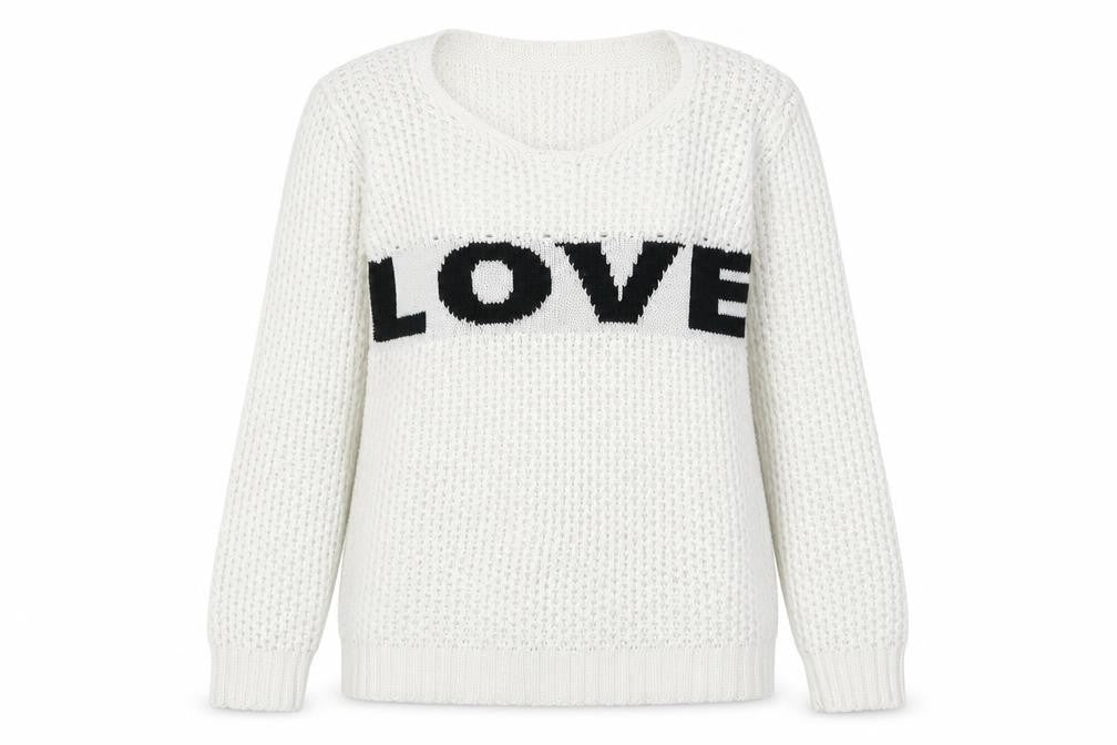 Front view of Preworn women’s white crew neck acrylic jumper, size S, - love