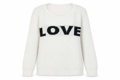 Front view of Preworn women’s white crew neck acrylic jumper, size S, - love