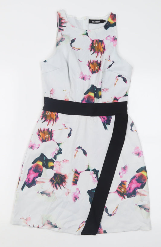 Missguided Womens White Floral Polyacrylate Fibre A-Line  Size 6  Crew Neck Zip