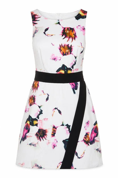 Front view of Missguided women’s white floral polyacrylate fibre a-line, size UK 6, crew neck zip
