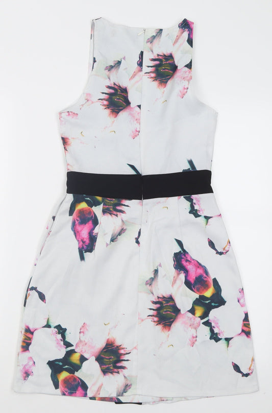 Missguided Womens White Floral Polyacrylate Fibre A-Line  Size 6  Crew Neck Zip