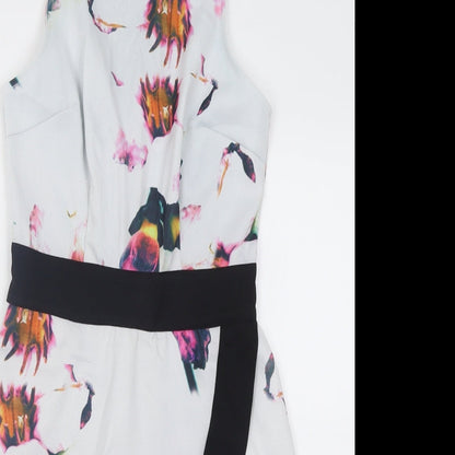 Missguided Womens White Floral Polyacrylate Fibre A-Line  Size 6  Crew Neck Zip