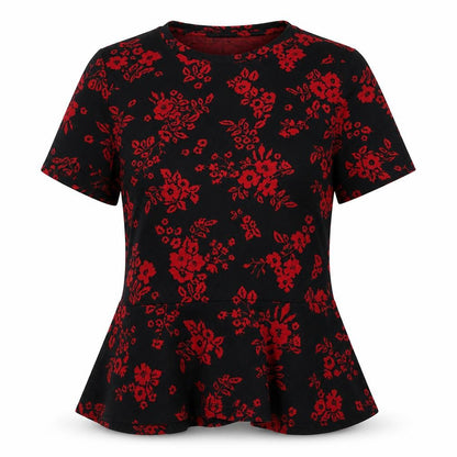 Front view of Zara women’s red floral cotton tunic t-shirt, size M, crew neck