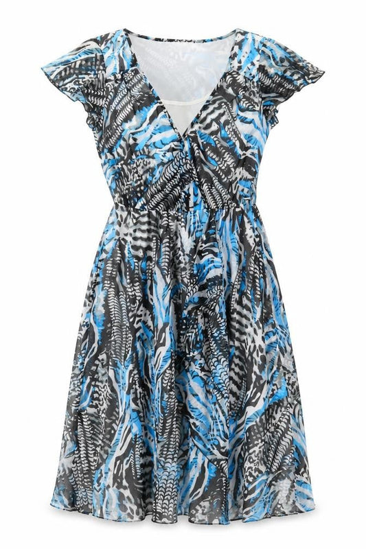 Front view of Fosby Design women’s multicoloured animal print polyester fit & flare, size UK 10, scoop neck pullover