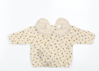 NEXT Girls Beige Floral Cotton Pullover Jumper Size 3-6 Months  Button