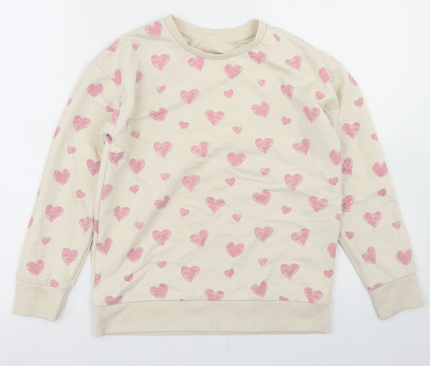 Dunnes Stores Girls Beige Geometric Cotton Pullover Sweatshirt Size 10-11 Years   - Heart Print