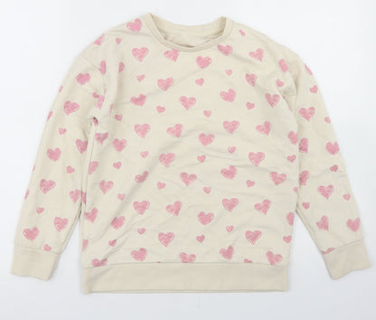 Dunnes Stores Girls Beige Geometric Cotton Pullover Sweatshirt Size 10-11 Years   - Heart Print