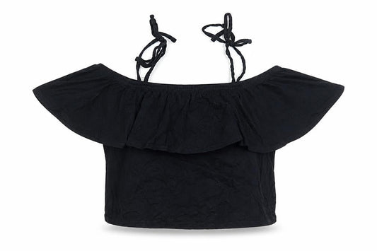 Front view of Missguided women’s black viscose cropped tank, size UK 10, off the shoulder - off the shoulder
