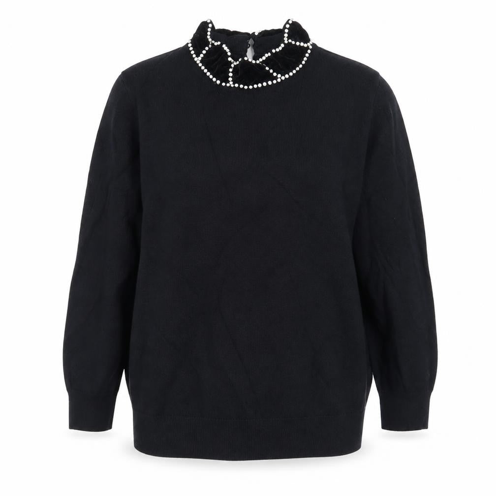 Front view of Savida women’s black crew neck cotton jumper, size L, - velour collar