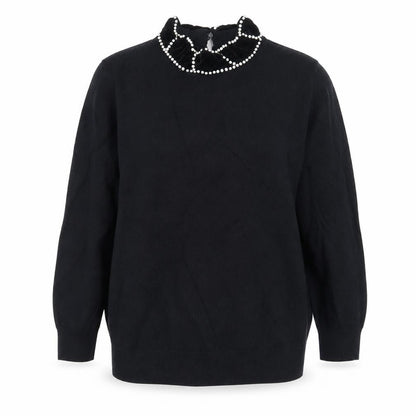 Front view of Savida women’s black crew neck cotton jumper, size L, - velour collar