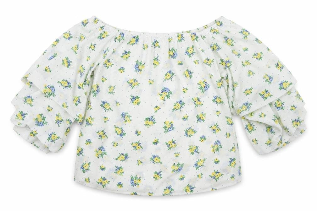 Front view of Peacocks women’s white floral polyester cropped blouse, size UK 8, off the shoulder